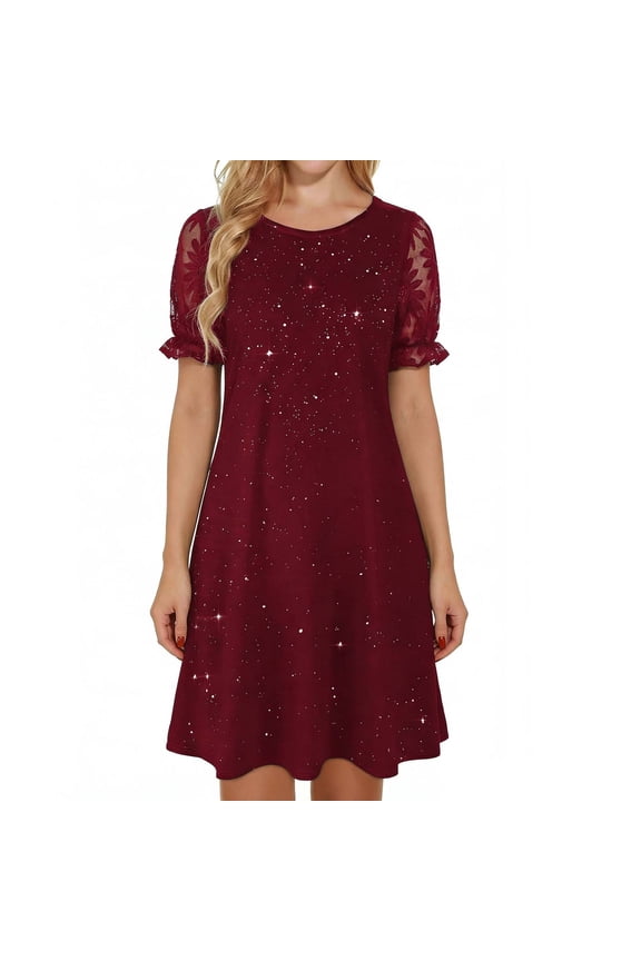 Womens Glitter Lace Dresses Round Neck Short Sleeve Sparkly Casual Party Mini Dress