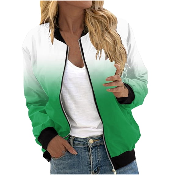 Admvng Womens Gradient Jacket Zipper Ribbed Cuff Lightweight Short Baseball Coat with Pockets
