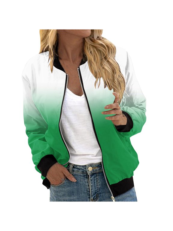 Womens Gradient Jacket Zipper Ribbed Cuff Lightweight Short Baseball Coat with Pockets