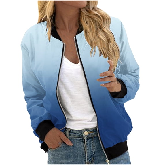Admvng Womens Gradient Jacket Zipper Ribbed Cuff Lightweight Short Baseball Coat with Pockets