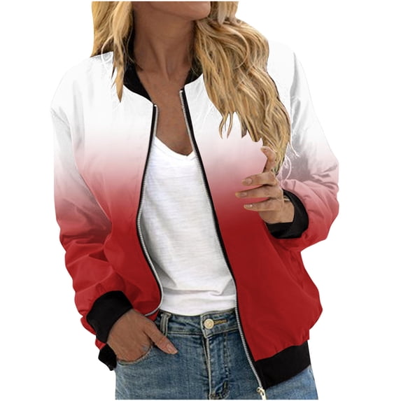 Admvng Womens Gradient Jacket Zipper Ribbed Cuff Lightweight Short Baseball Coat with Pockets