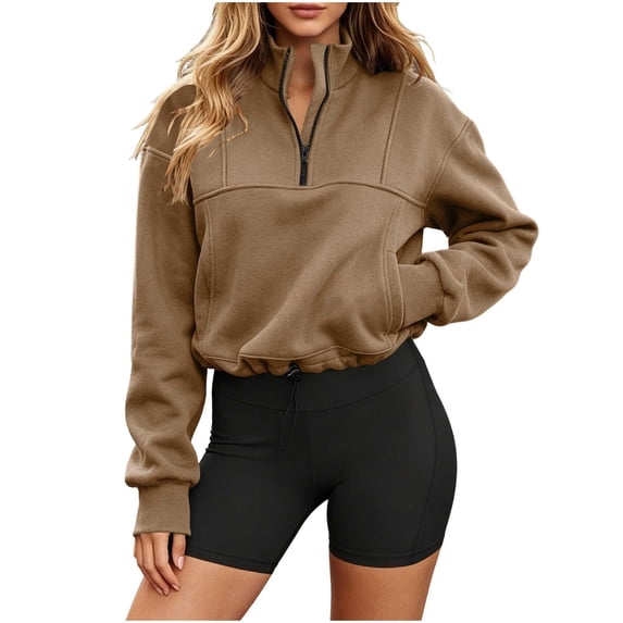Admvng Womens Half-Zip Cropped Sweatshirt Long Sleeve Pullover Active Tops with Drawstring Hem