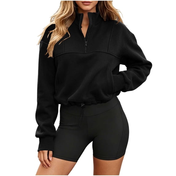 Admvng Womens Half-Zip Cropped Sweatshirt Long Sleeve Pullover Active Tops with Drawstring Hem