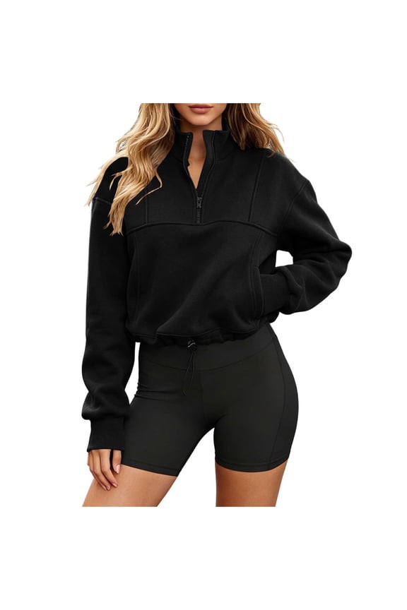 Womens Half-Zip Cropped Sweatshirt Long Sleeve Pullover Active Tops with Drawstring Hem