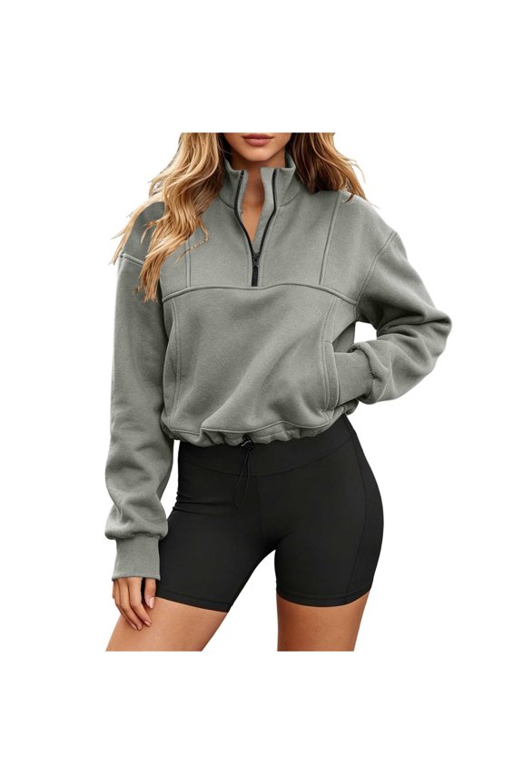 Womens Half-Zip Cropped Sweatshirt Long Sleeve Pullover Active Tops with Drawstring Hem