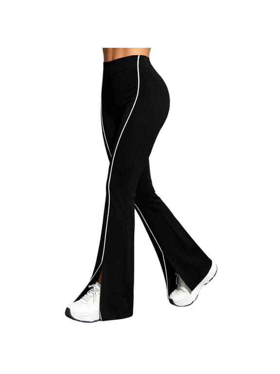 Womens High Waist Side Stripe Split Flare Leggings Slim Fit Split Hem Bootcut Sports Workout Yoga Pants