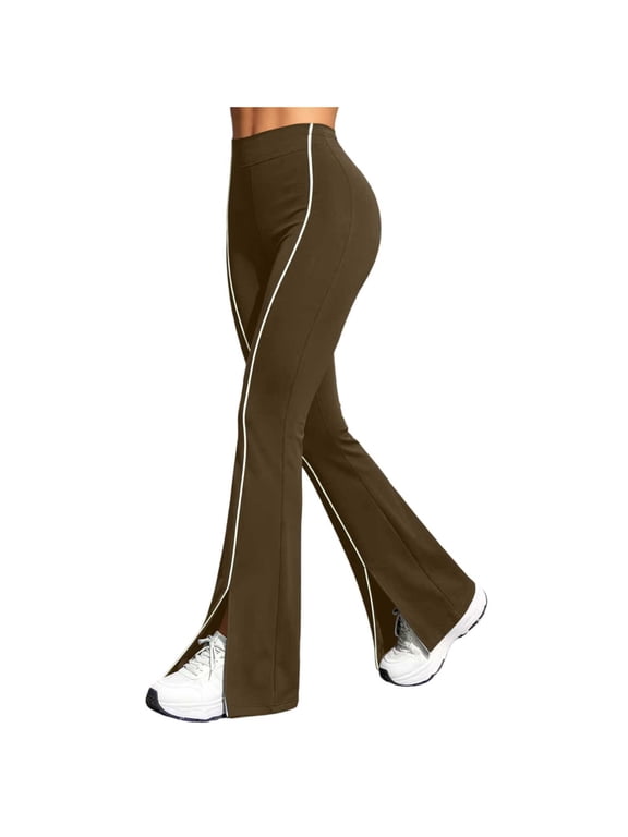 Womens High Waist Side Stripe Split Flare Leggings Slim Fit Split Hem Bootcut Sports Workout Yoga Pants