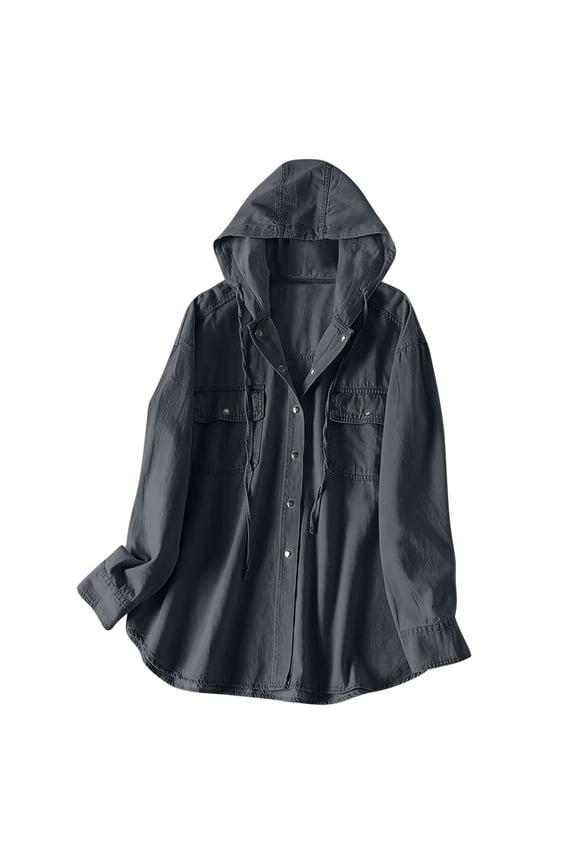 Womens Hooded Denim Shirt Jacket Long Sleeve Chest Pockets Button Solid Lightweight Jean Shacket Casual Fall Outerwear