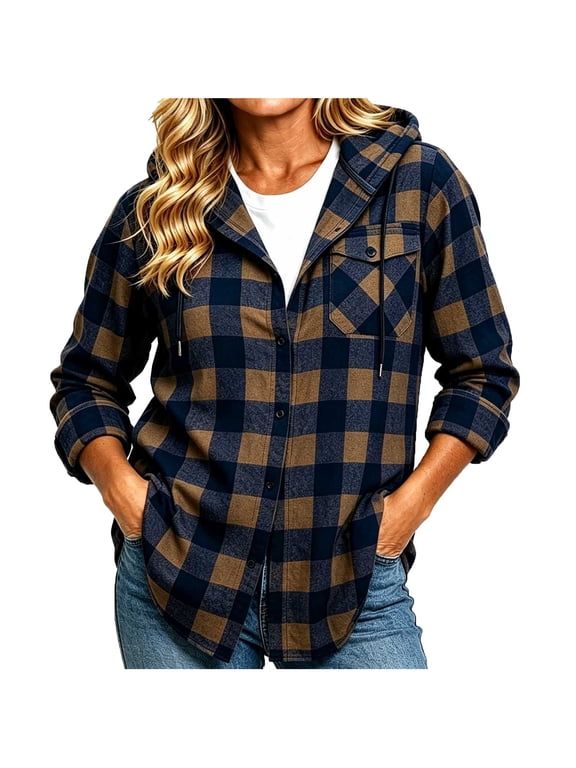 Womens Hooded Plaid Shacket Button Down Long Sleeve Pocket Lightweight Casual Plaid Shirt Jacket