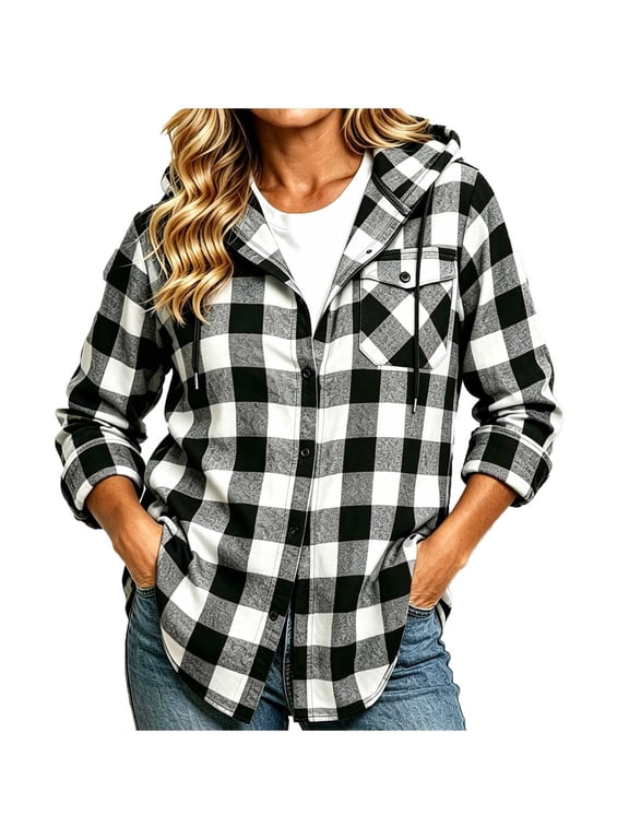 Womens Hooded Plaid Shacket Button Down Long Sleeve Pocket Lightweight Casual Plaid Shirt Jacket