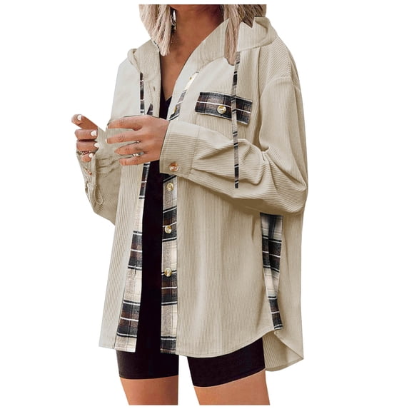 Admvng Womens Hooded Shacket Plaid Patchwork Button Down Long Sleeve Jacket with Pocket