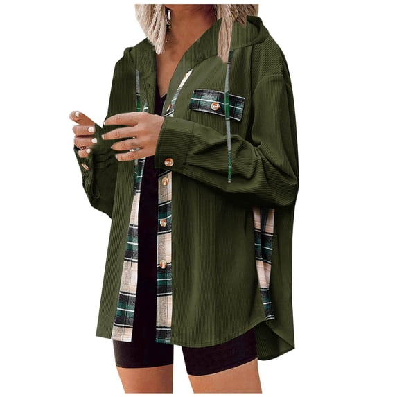 Admvng Womens Hooded Shacket Plaid Patchwork Button Down Long Sleeve Jacket with Pocket