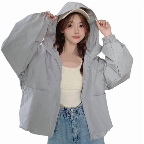 Admvng Womens Hooded Windbreaker Jacket Elastic Cuff Drawstring Hem Lightweight Outdoor Daily Short Coat with Pockets
