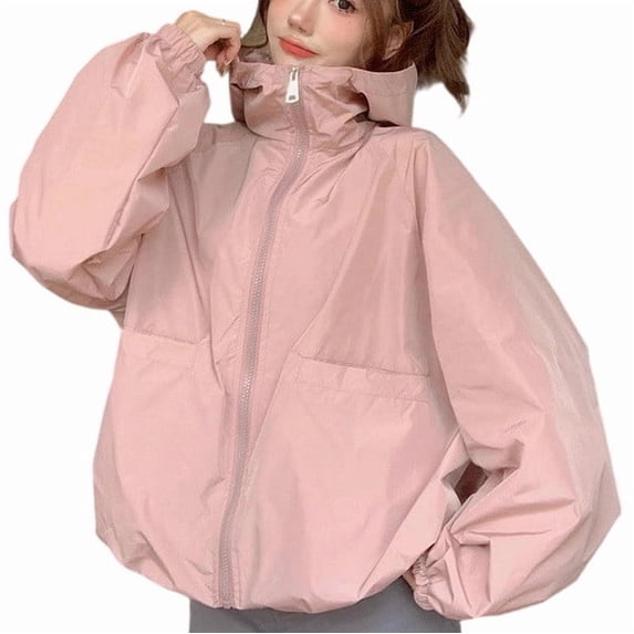 Admvng Womens Hooded Windbreaker Jacket Elastic Cuff Drawstring Hem Lightweight Outdoor Daily Short Coat with Pockets