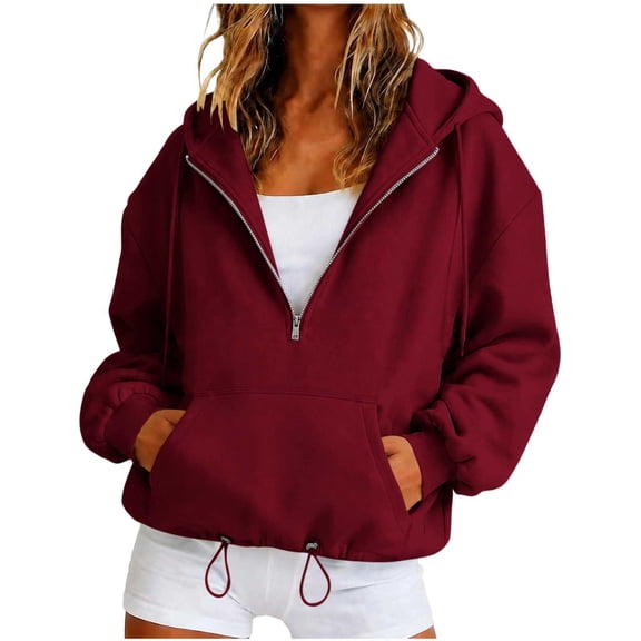 Admvng Womens Hoodie Casual Long Sleeve Pocket Zipper Drawstring Solid Sweatshirt
