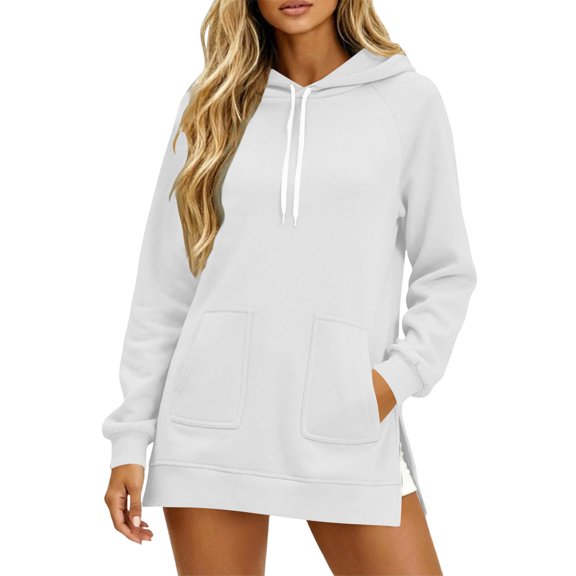 Admvng Womens Hoodie Drawstring Slit Hem Casual Long Sleeve Solid Hooded Sweatshirt with Pockets