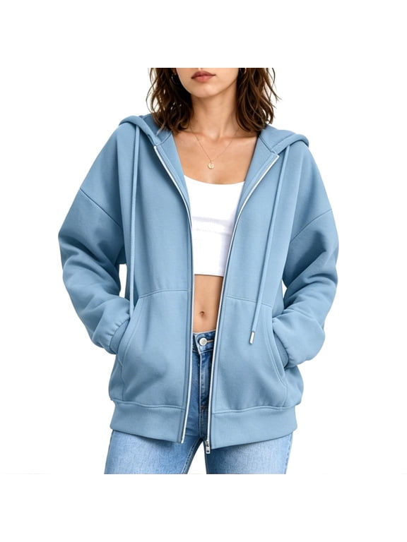 Womens Hoodie Jacket Drawstring Hood Zip Up Elastic Cuff Pocket Soft Sweatshirt Casual Sweat Coat