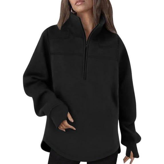 Admvng Womens Hoodies Loose Solid Color Zipper Lapel Pullover Long Sleeved Flip Tie Thumb Button Hoodie Top, Size S-2XL