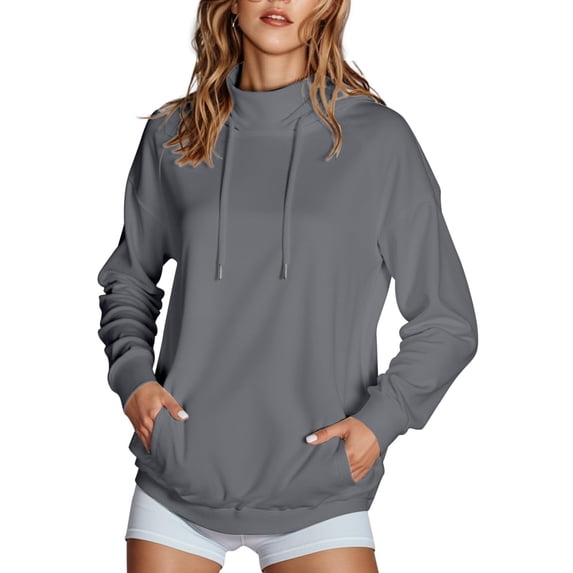 Admvng Womens Hoodies Vertical Collar Hooded Solid Color Long Sleeved Loose Top Sweatshirt, Size S-2XL