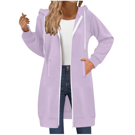 Admvng Womens Jacket Casual Loose Solid Pocket Long Sleeved Double Zipper Hooded Sweatshirt Top, Size S-2XL