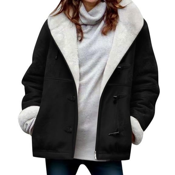 Admvng Womens Jacket Fashion Warm Fleece Jacket Snap Button Closure Solid Thermal Lined, Size S-5XL