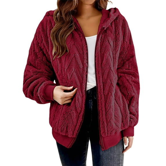 Admvng Womens Jacket Textured Long Sleeve Zip Hooded Jacket Casual Winter Outerwear, Size S-2XL