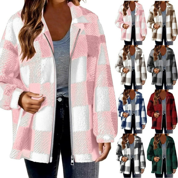 Admvng Womens Jacket Zipper Plaid Cardigan Tops Coats Plush Fleece Jacket Hooded Winter Coat, Size S-5XL