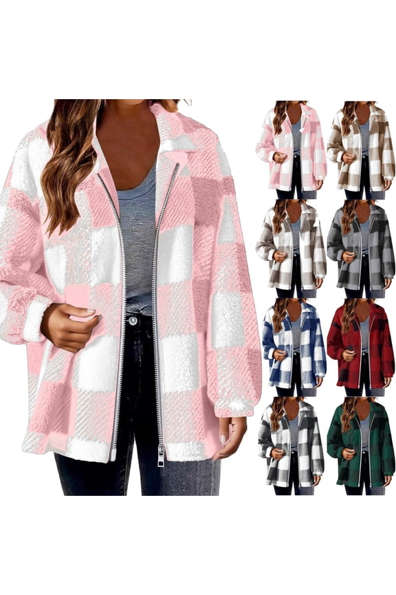 Admvng Womens Jacket Zipper Plaid Cardigan Tops Coats Plush Fleece Jacket Hooded Winter Coat, Size S-5XL