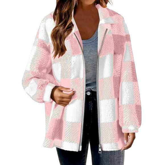 Womens Jacket Zipper Plaid Cardigan Tops Coats Plush Fleece Jacket Hooded Winter Coat, Size S-5XL