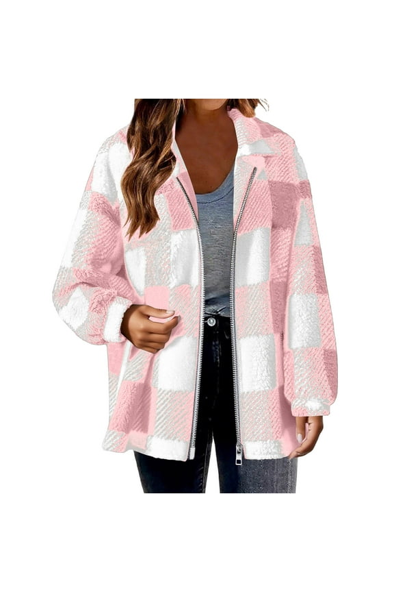 Admvng Womens Jacket Zipper Plaid Cardigan Tops Coats Plush Fleece Jacket Hooded Winter Coat, Size S-5XL