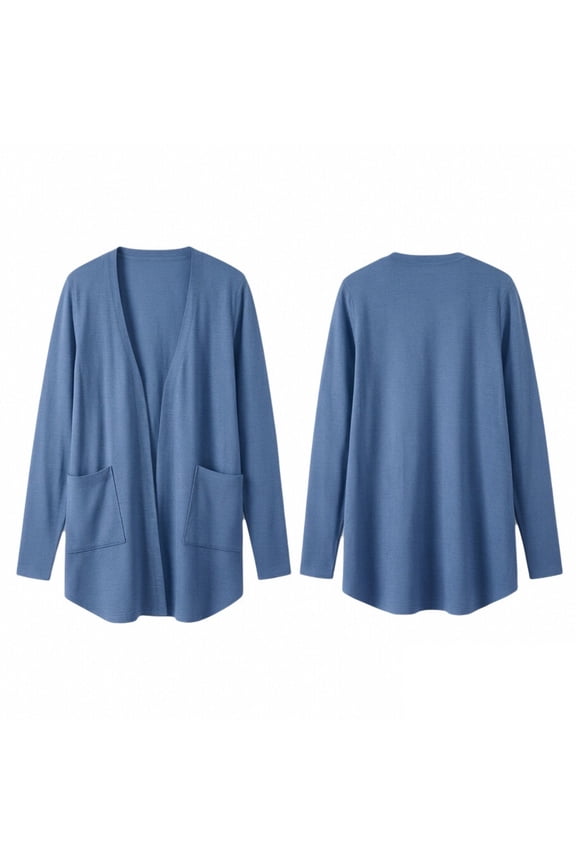 Womens Knit Cardigan Open Front Long Sleeve Pocket V Neck Casual Layering Mid-Length Sweater Coat
