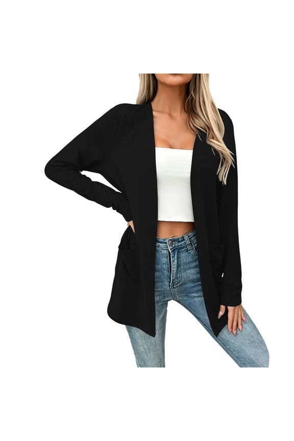Womens Knit Cardigan Open Front Long Sleeve Side Pocket Straight Hem Lightweight Casual Duster Sweater Jacket
