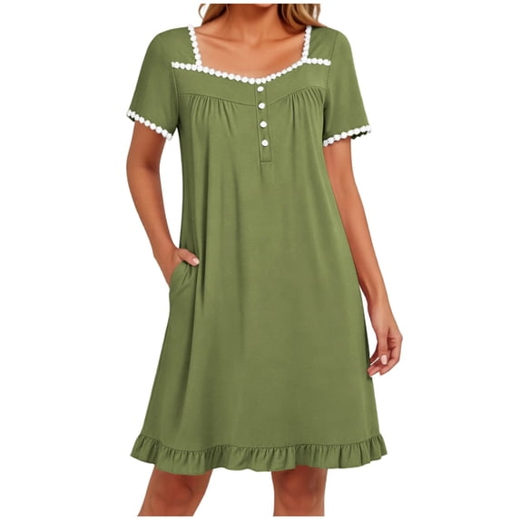 Admvng Womens Lace-Trimmed Nightgown Short Sleeve Square Neck Summer Ruffle Hem Pockets Dress