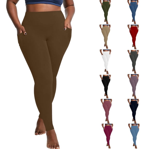 Admvng Womens Leggings Solid Plus with Pocket Elastic High Waist Leggings, Size XL-5XL
