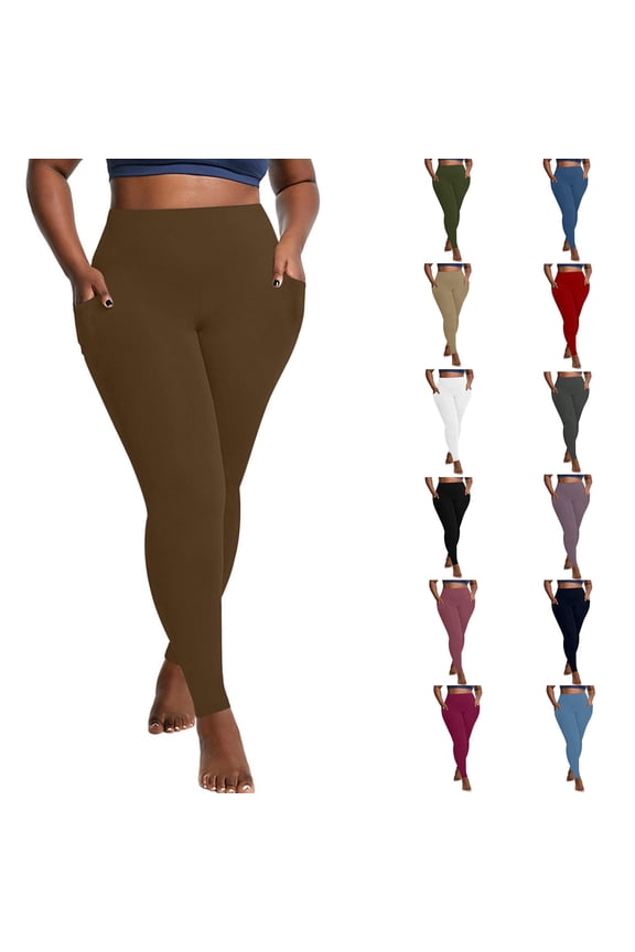 Admvng Womens Leggings Solid Plus with Pocket Elastic High Waist Leggings, Size XL-5XL