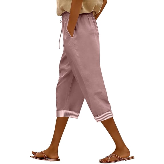 Admvng Womens Linen Capri Pants Elastic Drawstring Waist Pocket Striped Cuff Cropped Pants