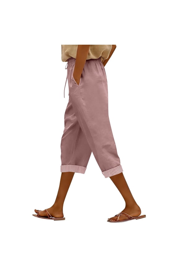 Womens Linen Capri Pants Elastic Drawstring Waist Pocket Striped Cuff Cropped Pants