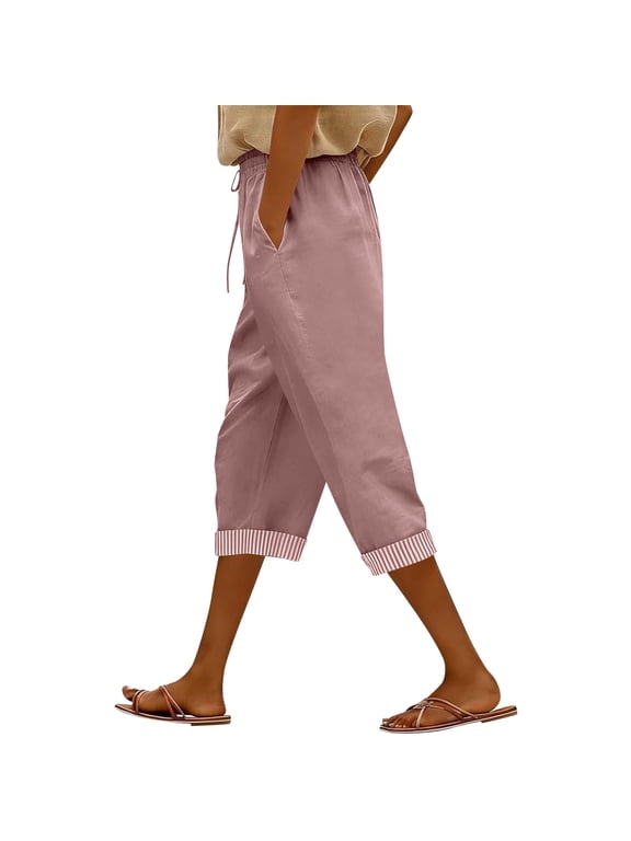 Womens Linen Capri Pants Elastic Drawstring Waist Pocket Striped Cuff Cropped Pants