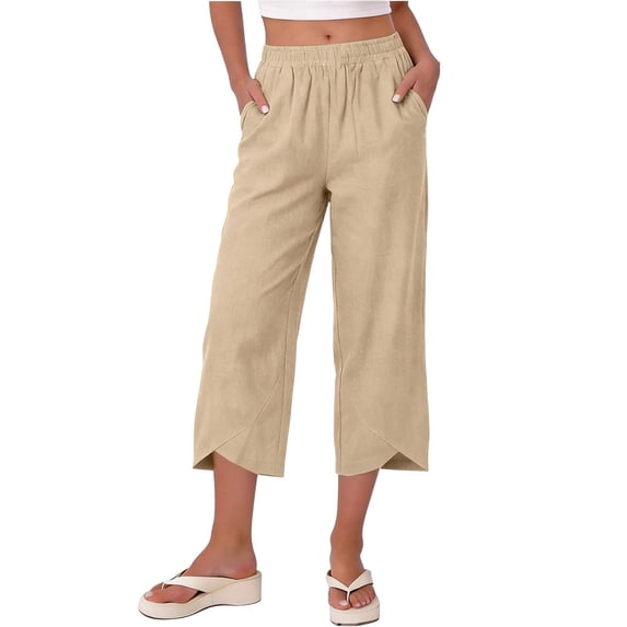 Admvng Womens Linen Capri Pants Elastic Waist Solid Casual Summer Capris with Pocket
