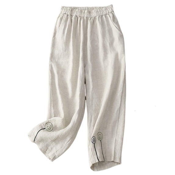 Admvng Womens Linen Capri Pants Elastic Waist with Embroidery Details Trendy Cropped Pants