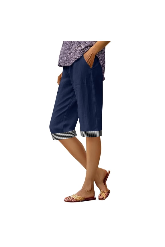 Womens Linen Capri Pants Plus Size Striped Cuffs with Side Pockets