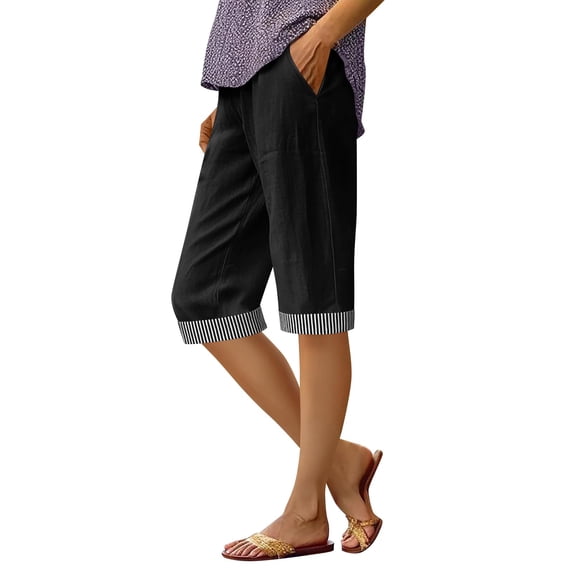 Admvng Womens Linen Capri Pants Plus Size Striped Cuffs with Side Pockets