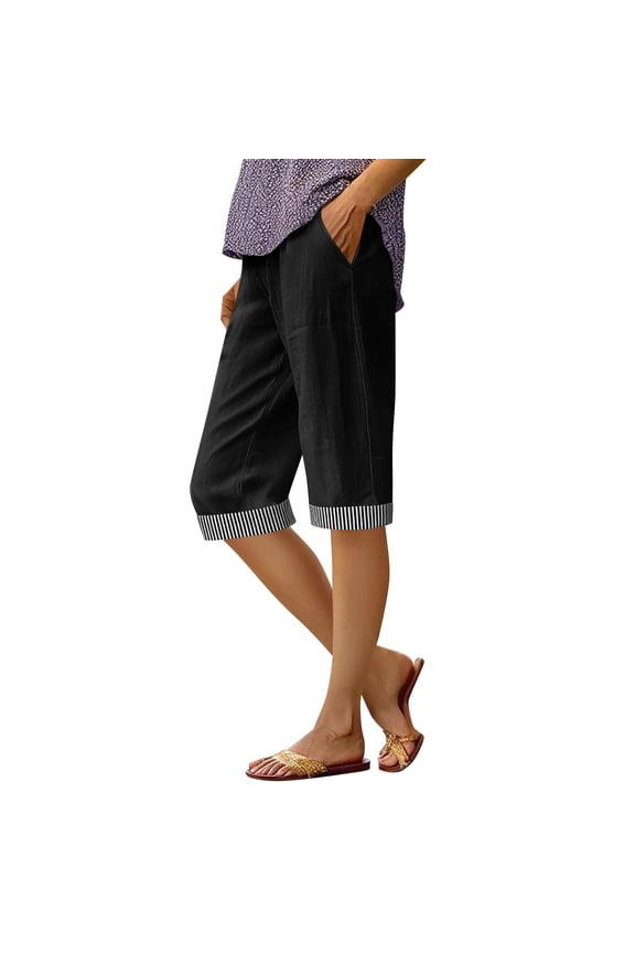 Womens Linen Capri Pants Plus Size Striped Cuffs with Side Pockets