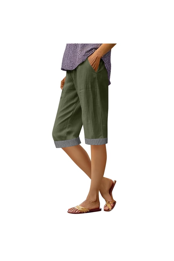 Womens Linen Capri Pants Plus Size Striped Cuffs with Side Pockets