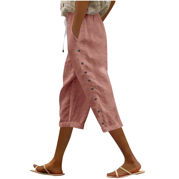 Admvng Womens Linen Cotton Capri Pants Solid Elastic Drawstring Waist Casual Comfy Cropped Pants with Pocket