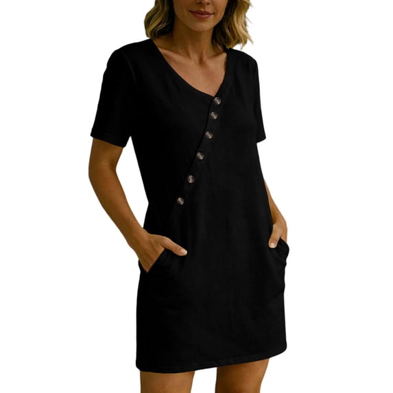 Admvng Womens Linen Dress Asymmetrical Buttons Short Sleeve V Neck Shift Dresses with Pockets