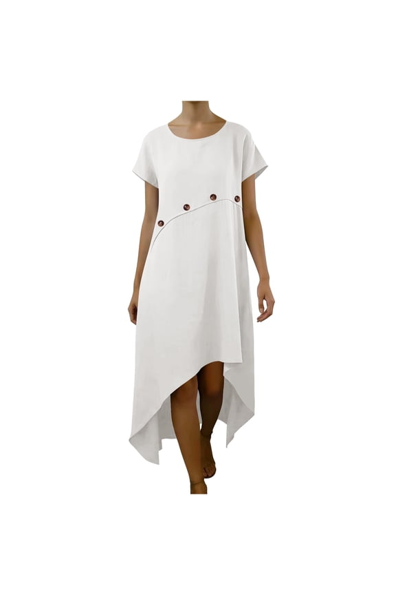 Womens Linen Dress Asymmetrical Hem Decorative Buttons Short Sleeve Round Neck Midi Shift Dresses
