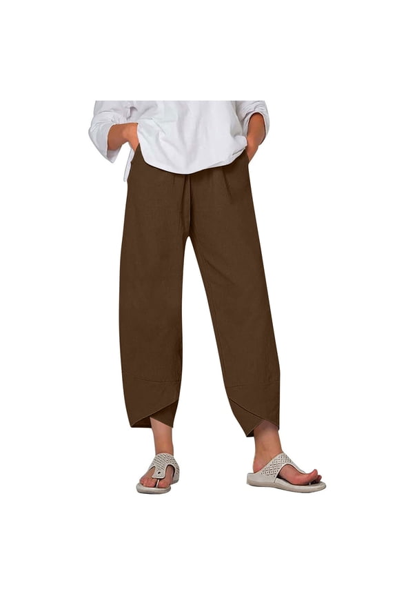 Womens Linen Pants Asymmetric Wrap Hem Solid Breathable Pants with Pockets