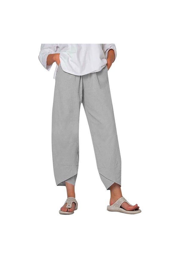 Womens Linen Pants Asymmetric Wrap Hem Solid Breathable Pants with Pockets