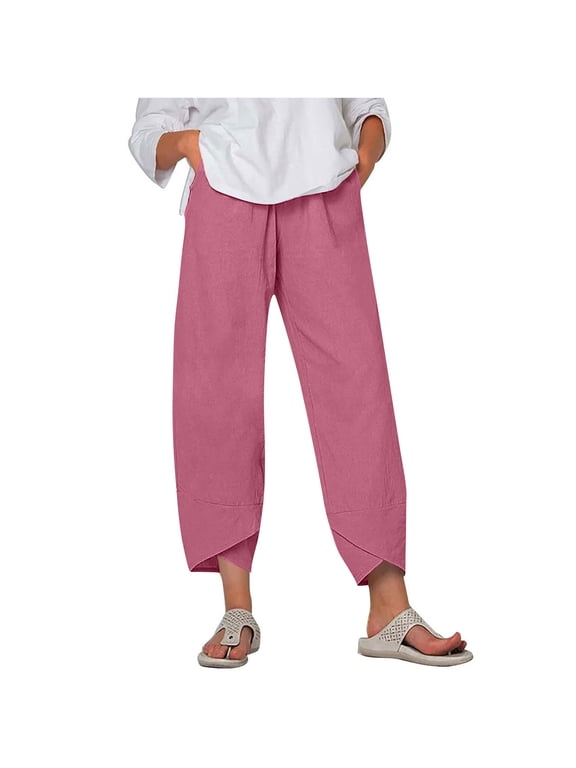 Womens Linen Pants Asymmetric Wrap Hem Solid Breathable Pants with Pockets